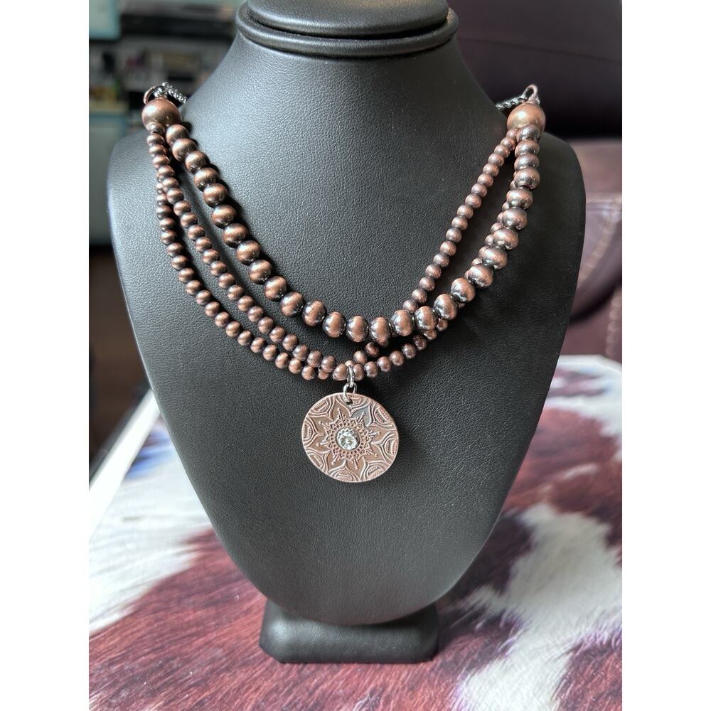 Copper & Silver Round Charm On 3 Strand Western Cooper Toned Bead Necklace New